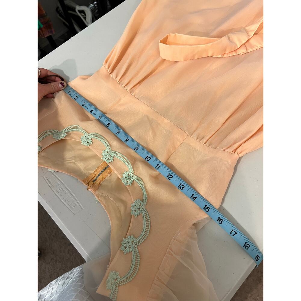 Vintage 60s Peach Green Floral Trim Princess Puffed Long Sleeve Dress Size Small - Picture 13 of 15